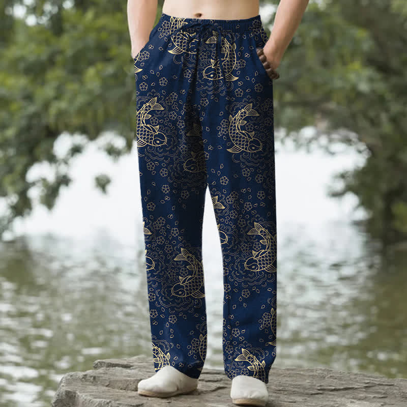 Nimara Ritual Cotton Golden Koi Fish Floral Pattern Men's Tapered Pants With Pockets
