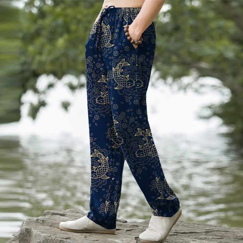 Nimara Ritual Cotton Golden Koi Fish Floral Pattern Men's Tapered Pants With Pockets