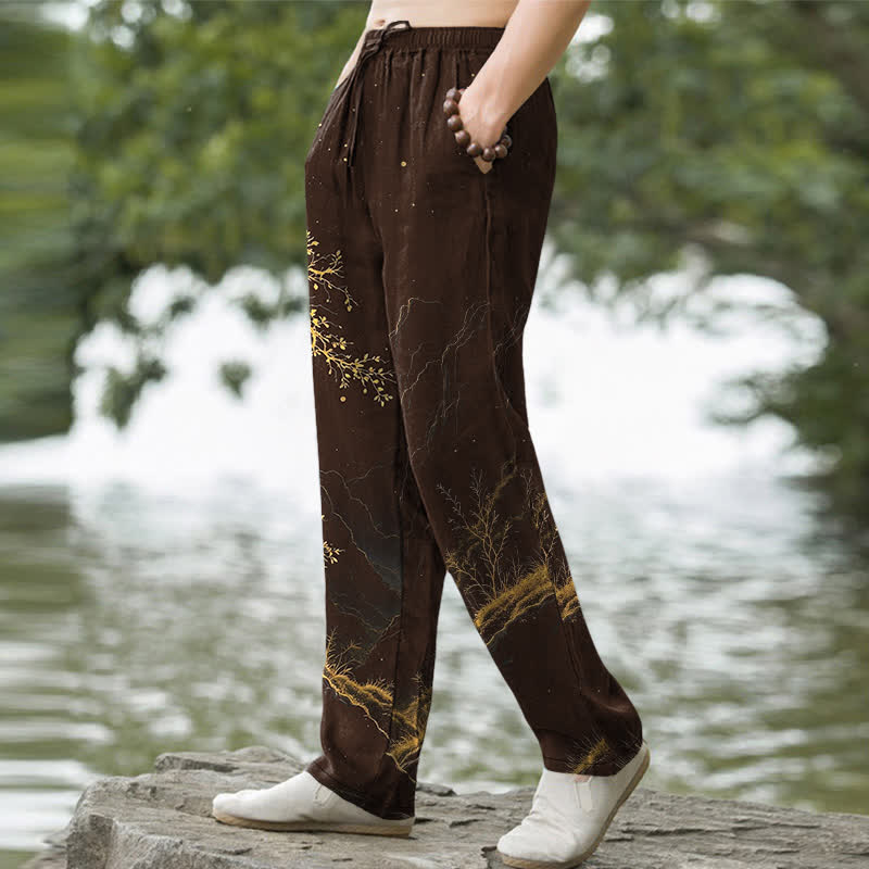 Nimara Ritual Cotton Branch Pattern Men's Tapered Pants With Pockets