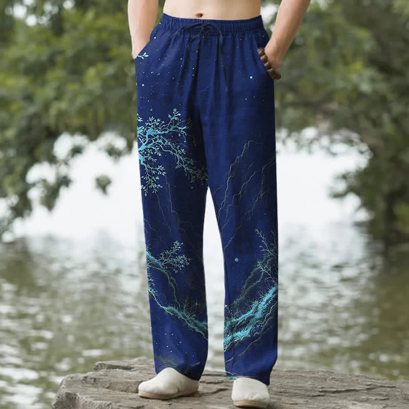 Nimara Ritual Cotton Branch Pattern Men's Tapered Pants With Pockets