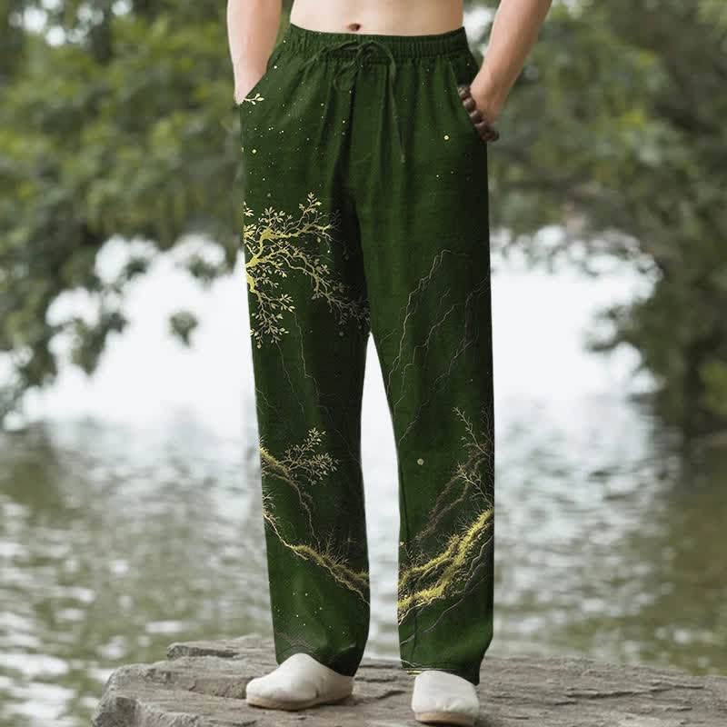Nimara Ritual Cotton Branch Pattern Men's Tapered Pants With Pockets