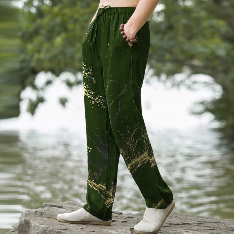 Nimara Ritual Cotton Branch Pattern Men's Tapered Pants With Pockets