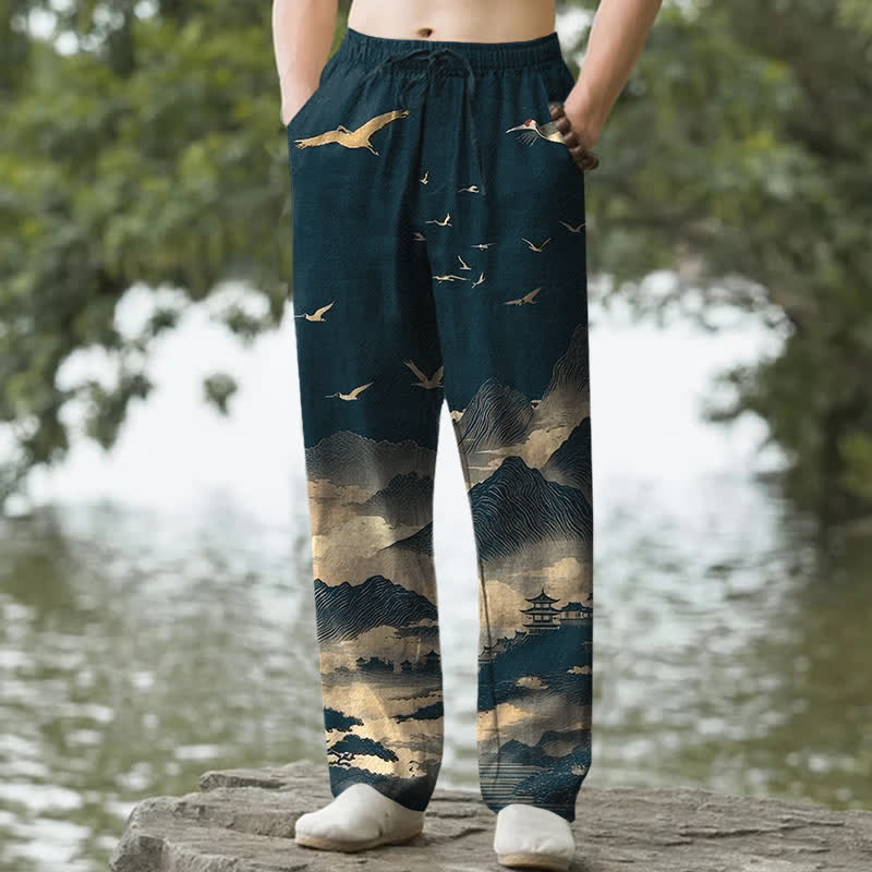 Nimara Ritual Cotton Mountain Temple Bird Pattern Men's Tapered Pants With Pockets