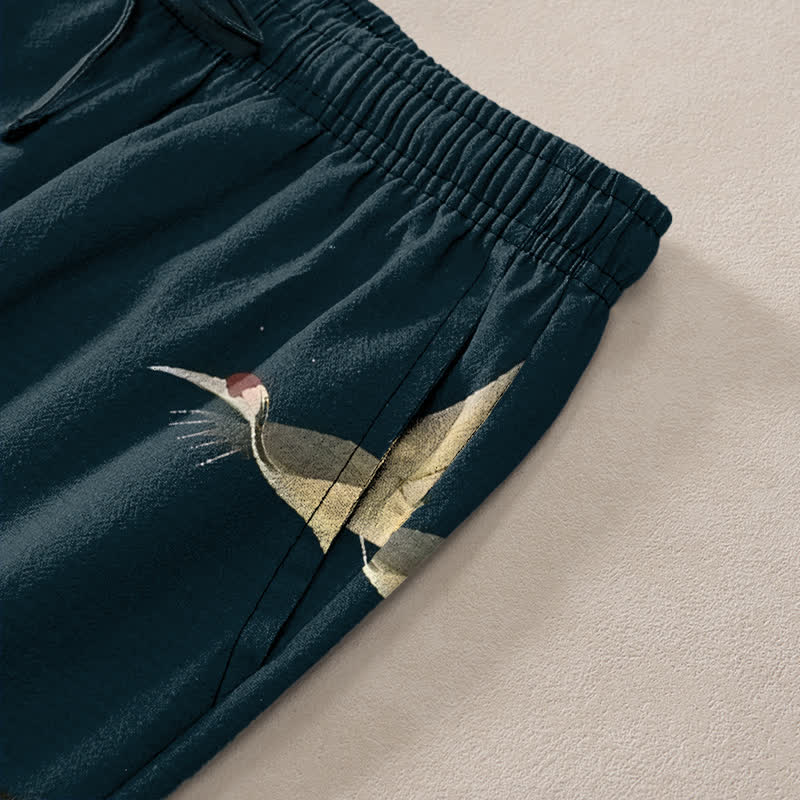Nimara Ritual Cotton Mountain Temple Bird Pattern Men's Tapered Pants With Pockets