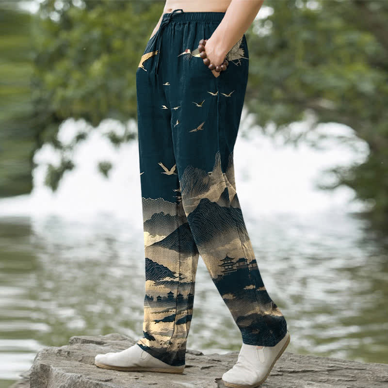 Nimara Ritual Cotton Mountain Temple Bird Pattern Men's Tapered Pants With Pockets