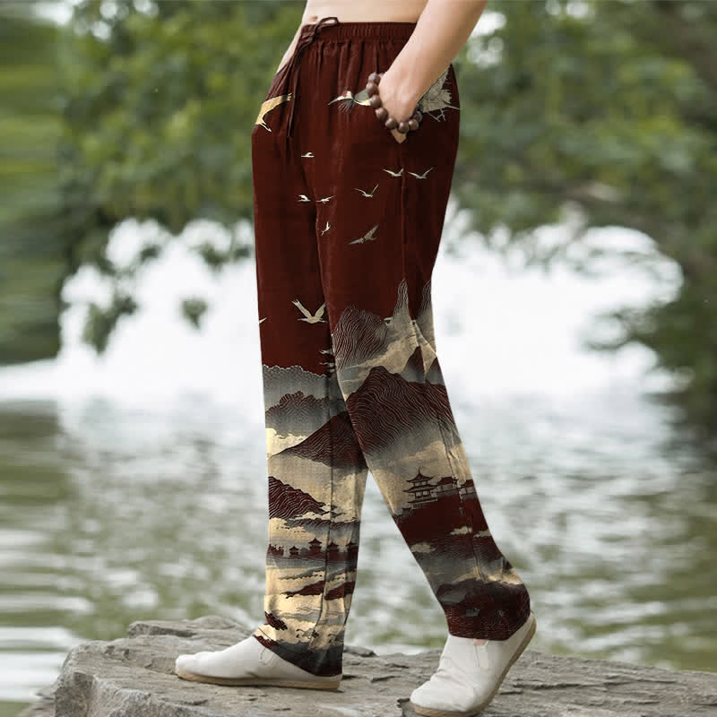 Nimara Ritual Cotton Mountain Temple Bird Pattern Men's Tapered Pants With Pockets