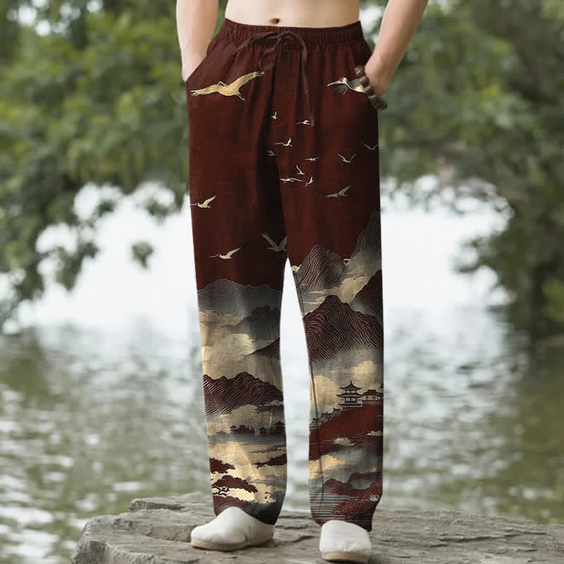 Nimara Ritual Cotton Mountain Temple Bird Pattern Men's Tapered Pants With Pockets