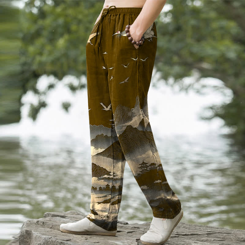 Nimara Ritual Cotton Mountain Temple Bird Pattern Men's Tapered Pants With Pockets