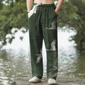 Nimara Ritual Cotton White Flying Crane Pattern Men's Tapered Pants With Pockets