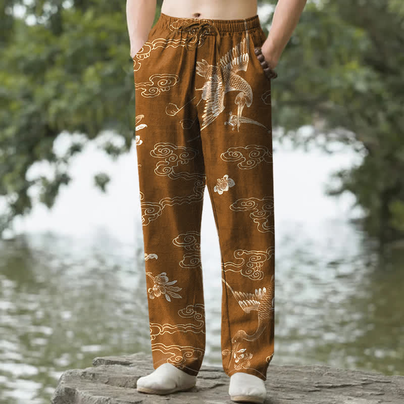 Nimara Ritual Cotton Crane Cloud Floral Pattern Men's Tapered Pants With Pockets