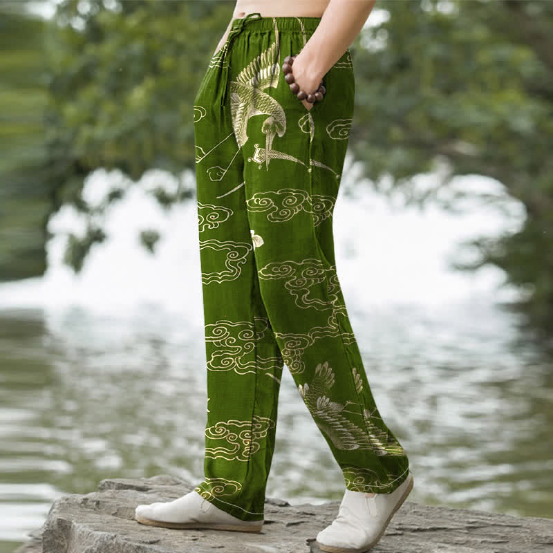 Nimara Ritual Cotton Crane Cloud Floral Pattern Men's Tapered Pants With Pockets