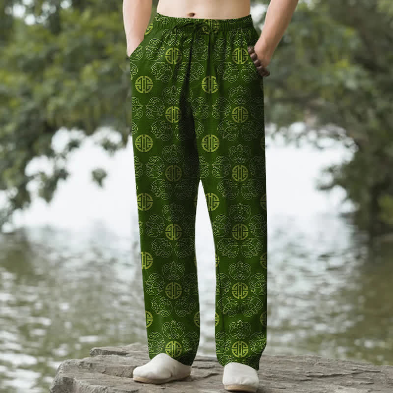 Nimara Ritual Cotton Auspicious Round Badge Floral Pattern Men's Tapered Pants With Pockets