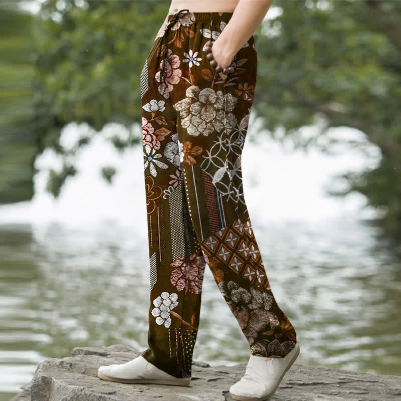 Nimara Ritual Cotton Bohemian Floral Patchwork Pattern Men's Tapered Pants With Pockets