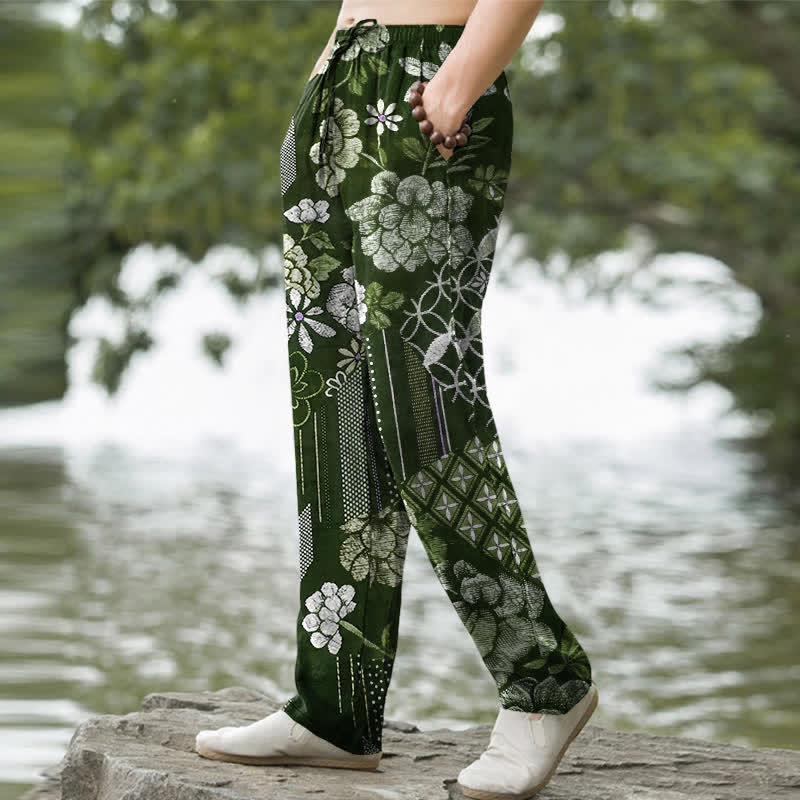 Nimara Ritual Cotton Bohemian Floral Patchwork Pattern Men's Tapered Pants With Pockets