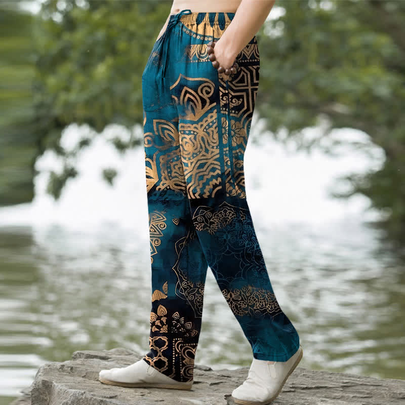 Nimara Ritual Cotton Mandala Geometric Pattern Men's Tapered Pants With Pockets
