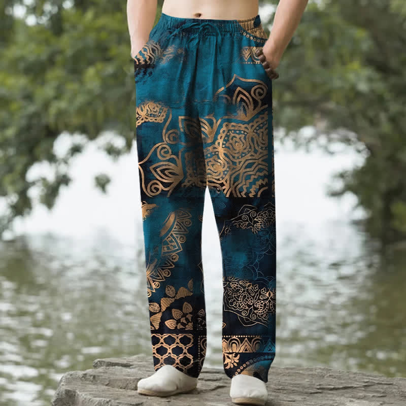 Nimara Ritual Cotton Mandala Geometric Pattern Men's Tapered Pants With Pockets