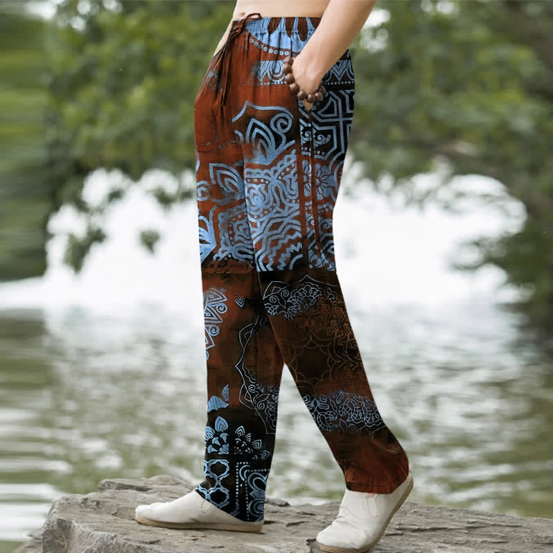Nimara Ritual Cotton Mandala Geometric Pattern Men's Tapered Pants With Pockets