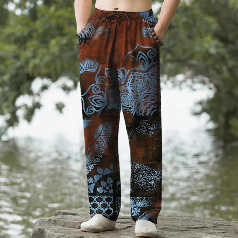 Nimara Ritual Cotton Mandala Geometric Pattern Men's Tapered Pants With Pockets
