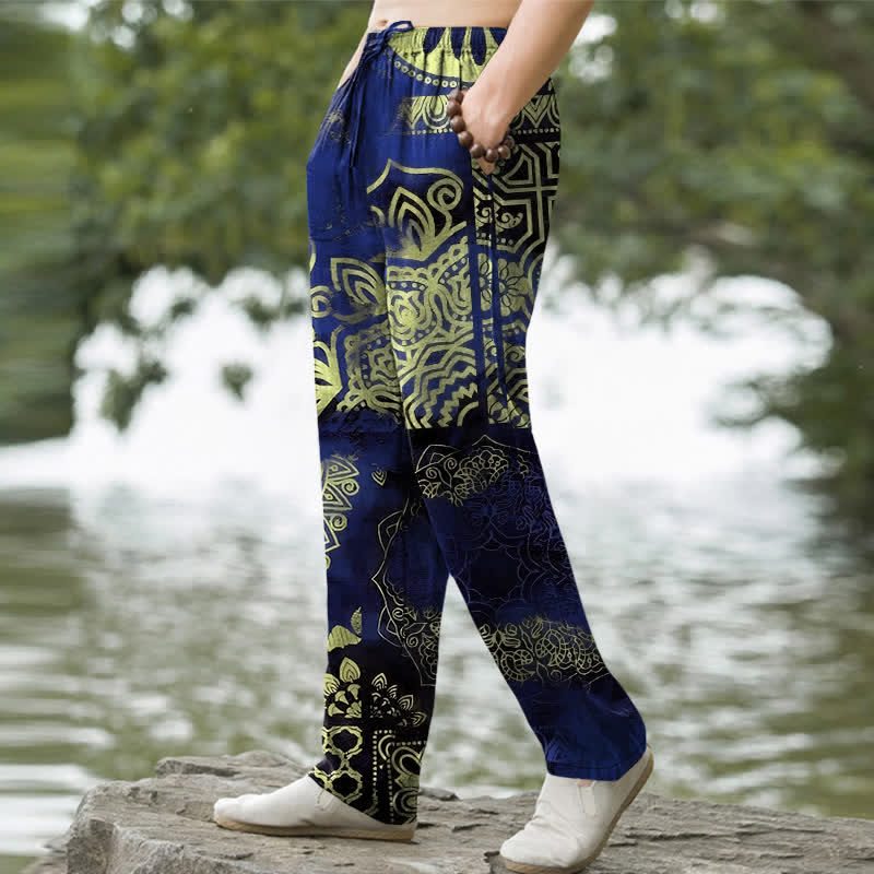 Nimara Ritual Cotton Mandala Geometric Pattern Men's Tapered Pants With Pockets