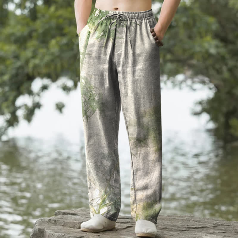Nimara Ritual Cotton Washed Bamboo Pattern Men's Tapered Pants With Pockets