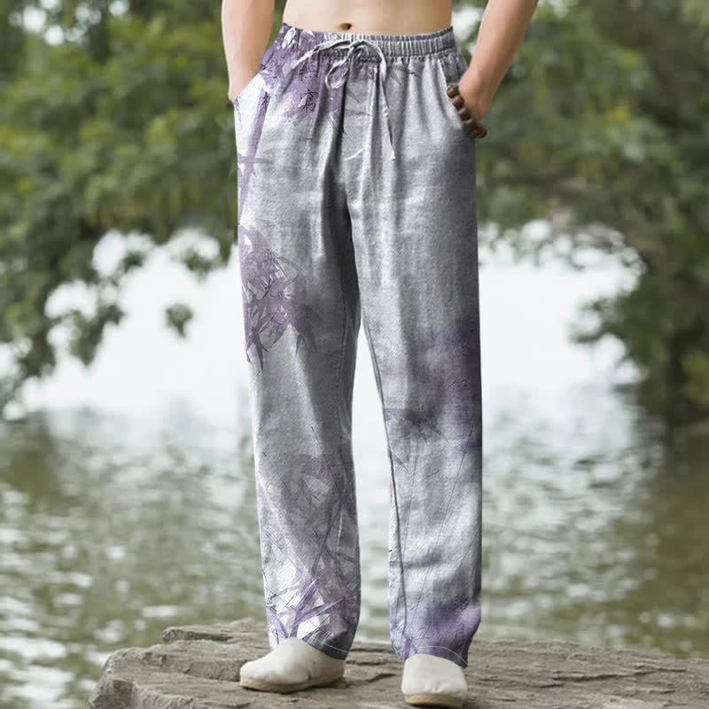 Nimara Ritual Cotton Washed Bamboo Pattern Men's Tapered Pants With Pockets