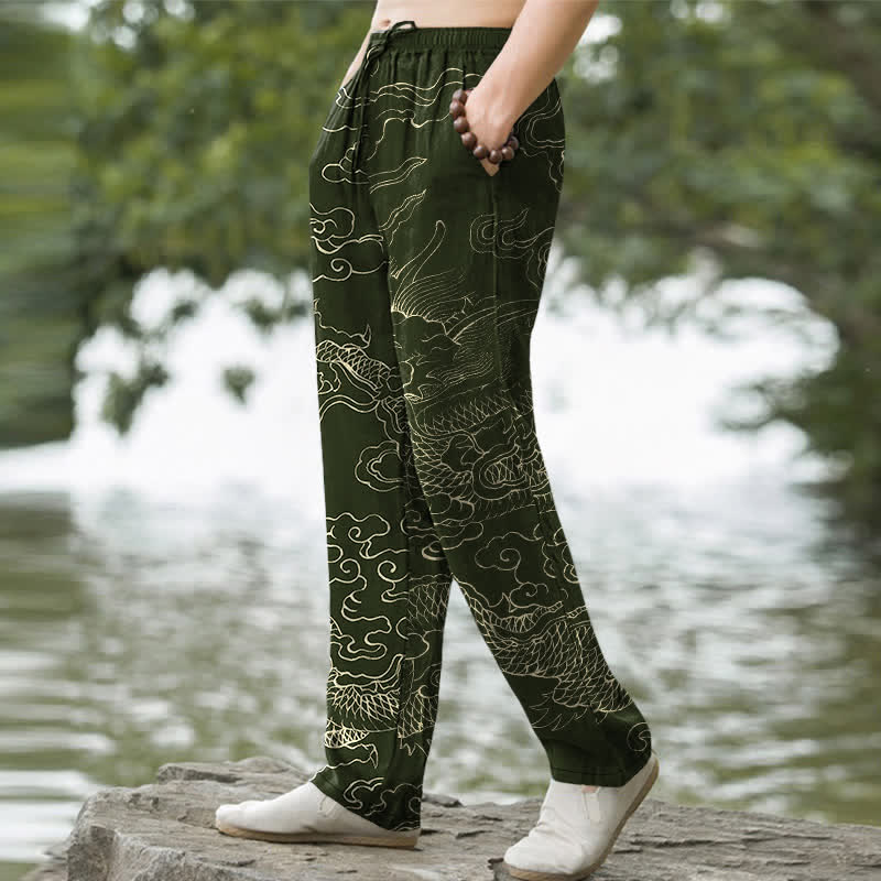 Nimara Ritual Cotton Flying Dragon Chasing The Sun Pattern Men's Tapered Pants With Pockets