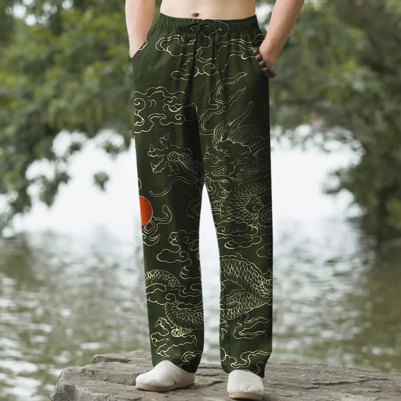 Nimara Ritual Cotton Flying Dragon Chasing The Sun Pattern Men's Tapered Pants With Pockets