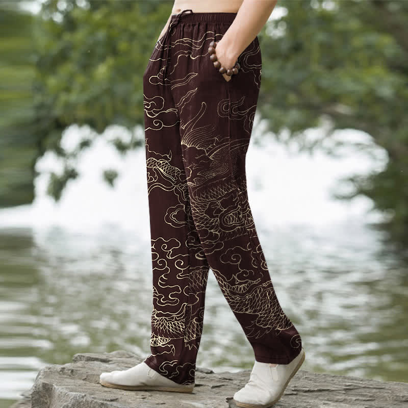 Nimara Ritual Cotton Flying Dragon Chasing The Sun Pattern Men's Tapered Pants With Pockets