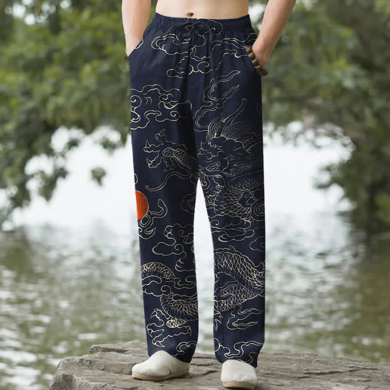 Nimara Ritual Cotton Flying Dragon Chasing The Sun Pattern Men's Tapered Pants With Pockets