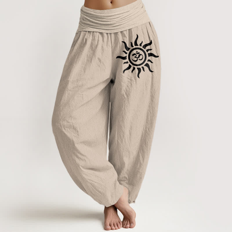 Nimara Ritual Pure Cotton Sun Om Pattern Women's Elastic Waist Harem Pants