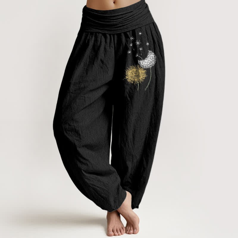 Nimara Ritual Pure Cotton Dandelion Bloom Pattern Women's Elastic Waist Harem Pants