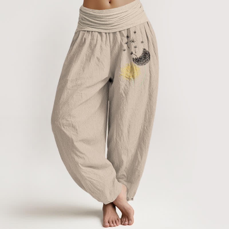 Nimara Ritual Pure Cotton Dandelion Bloom Pattern Women's Elastic Waist Harem Pants