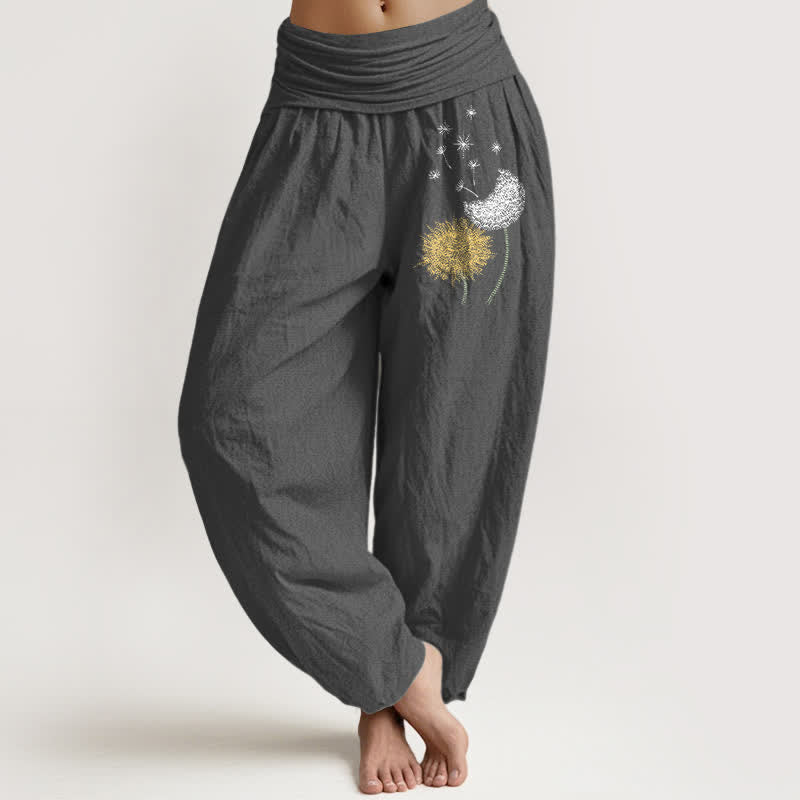 Nimara Ritual Pure Cotton Dandelion Bloom Pattern Women's Elastic Waist Harem Pants
