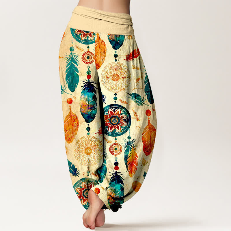 Nimara Ritual Pure Cotton Dreamcatcher Feather Pattern Women's Elastic Waist Harem Pants