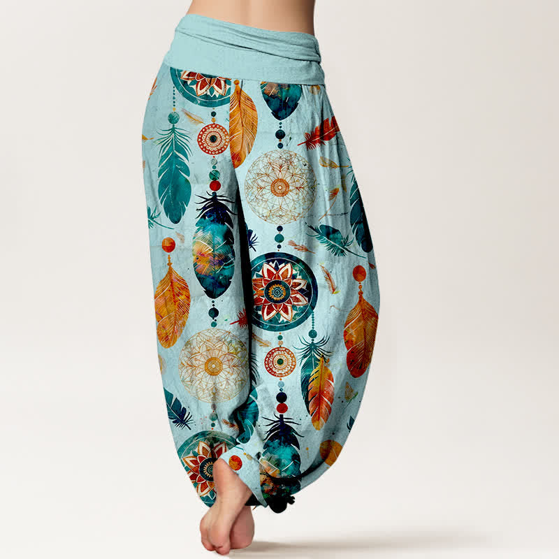 Nimara Ritual Pure Cotton Dreamcatcher Feather Pattern Women's Elastic Waist Harem Pants