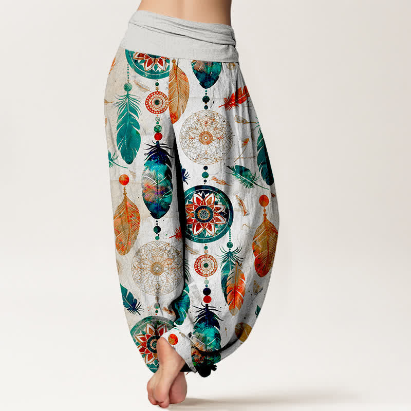 Nimara Ritual Pure Cotton Dreamcatcher Feather Pattern Women's Elastic Waist Harem Pants