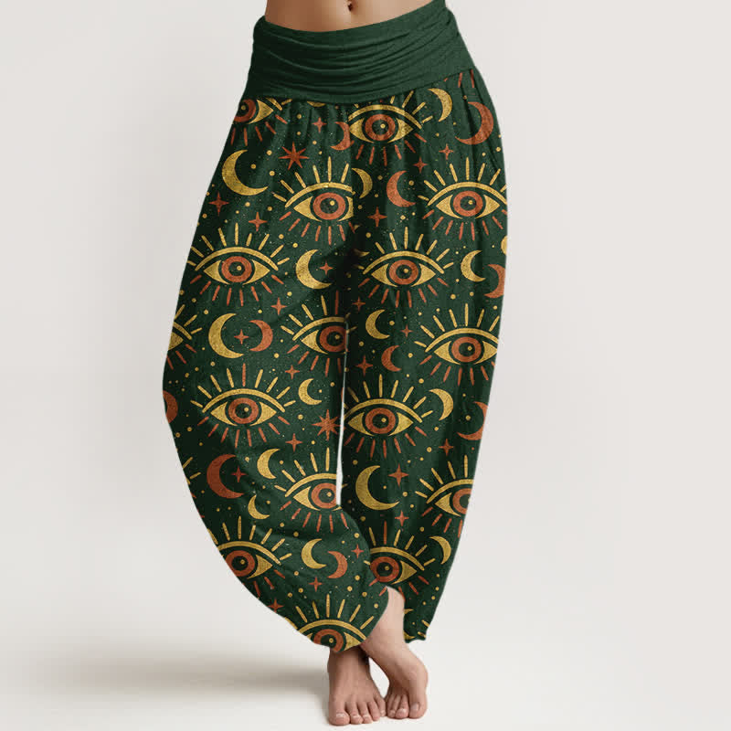 Nimara Ritual Cotton Mystic Eye Moon Pattern Women's Elastic Waist Harem Pants