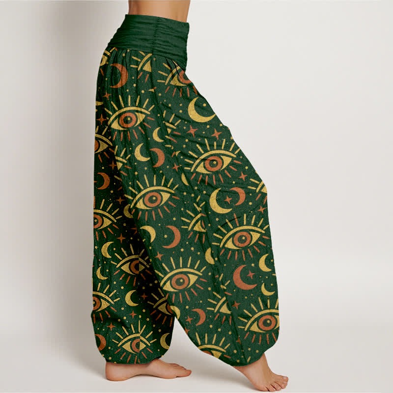 Nimara Ritual Cotton Mystic Eye Moon Pattern Women's Elastic Waist Harem Pants