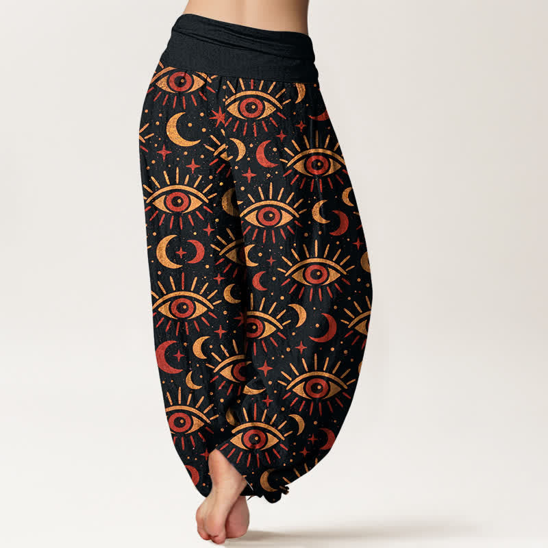 Nimara Ritual Cotton Mystic Eye Moon Pattern Women's Elastic Waist Harem Pants