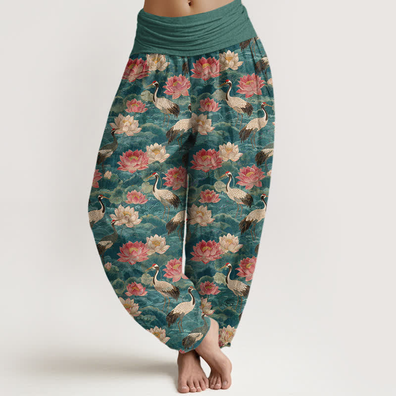 Nimara Ritual Cotton Lotus Crane Pattern Women's Elastic Waist Harem Pants