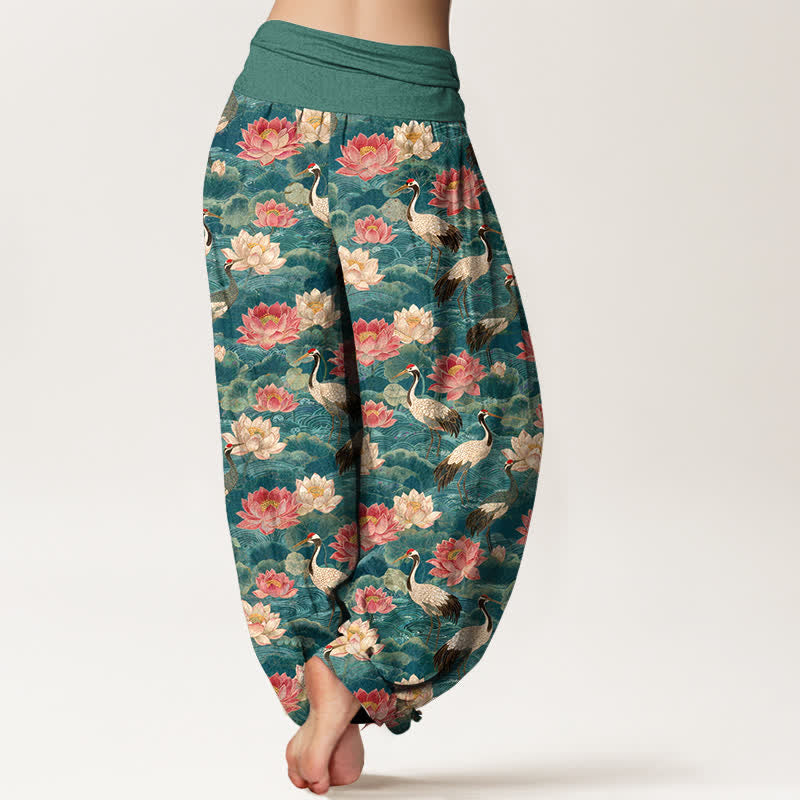 Nimara Ritual Cotton Lotus Crane Pattern Women's Elastic Waist Harem Pants