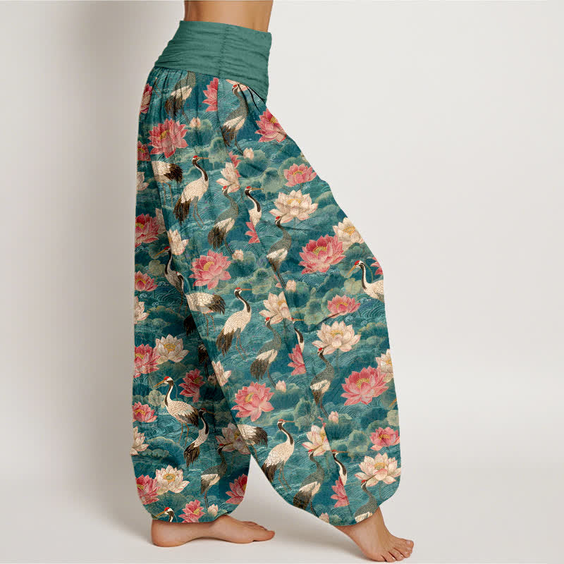 Nimara Ritual Cotton Lotus Crane Pattern Women's Elastic Waist Harem Pants