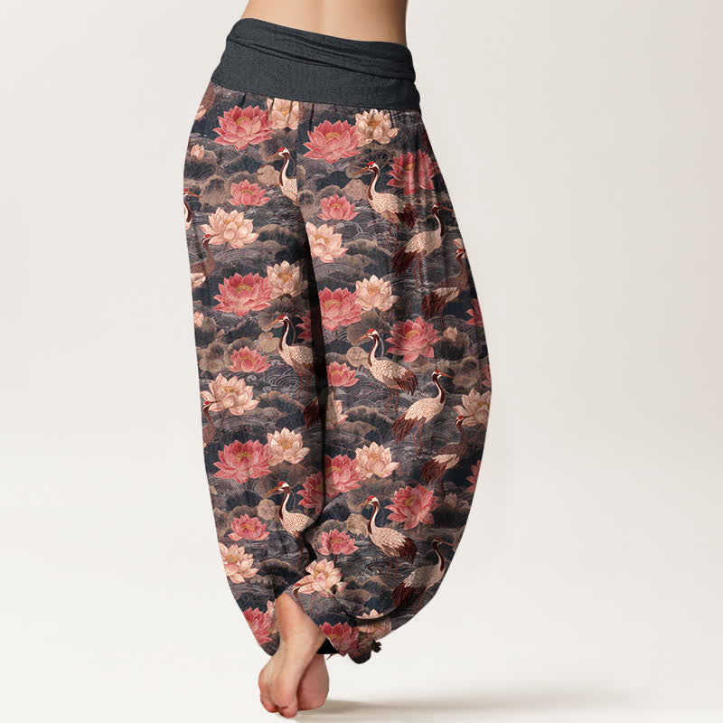 Nimara Ritual Cotton Lotus Crane Pattern Women's Elastic Waist Harem Pants
