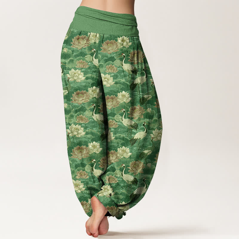 Nimara Ritual Cotton Lotus Crane Pattern Women's Elastic Waist Harem Pants