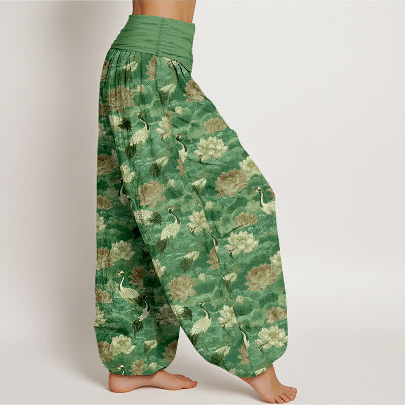 Nimara Ritual Cotton Lotus Crane Pattern Women's Elastic Waist Harem Pants