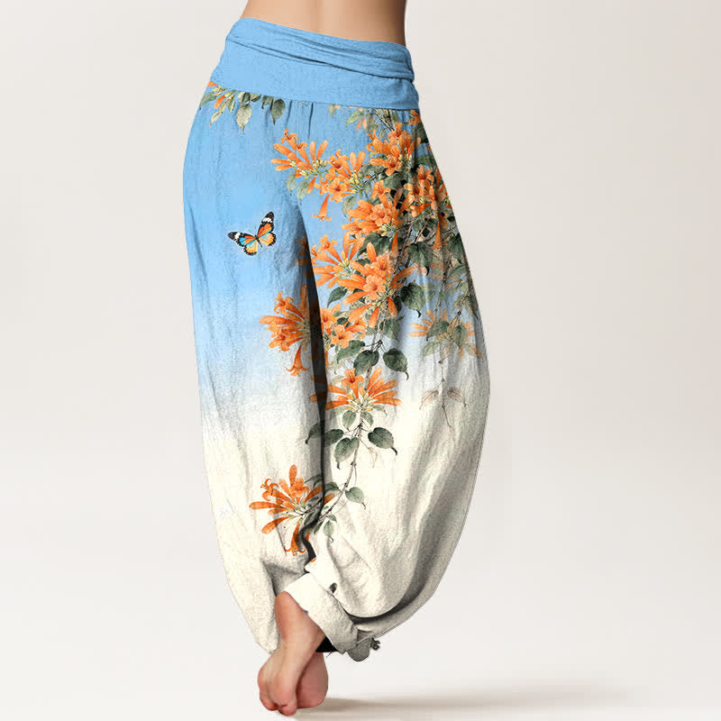 Nimara Ritual Cotton Orange Floral Butterfly Pattern Women's Elastic Waist Harem Pants