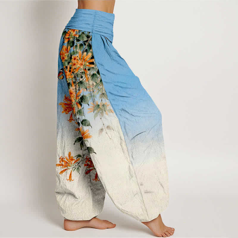 Nimara Ritual Cotton Orange Floral Butterfly Pattern Women's Elastic Waist Harem Pants