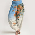 Nimara Ritual Cotton Orange Floral Butterfly Pattern Women's Elastic Waist Harem Pants