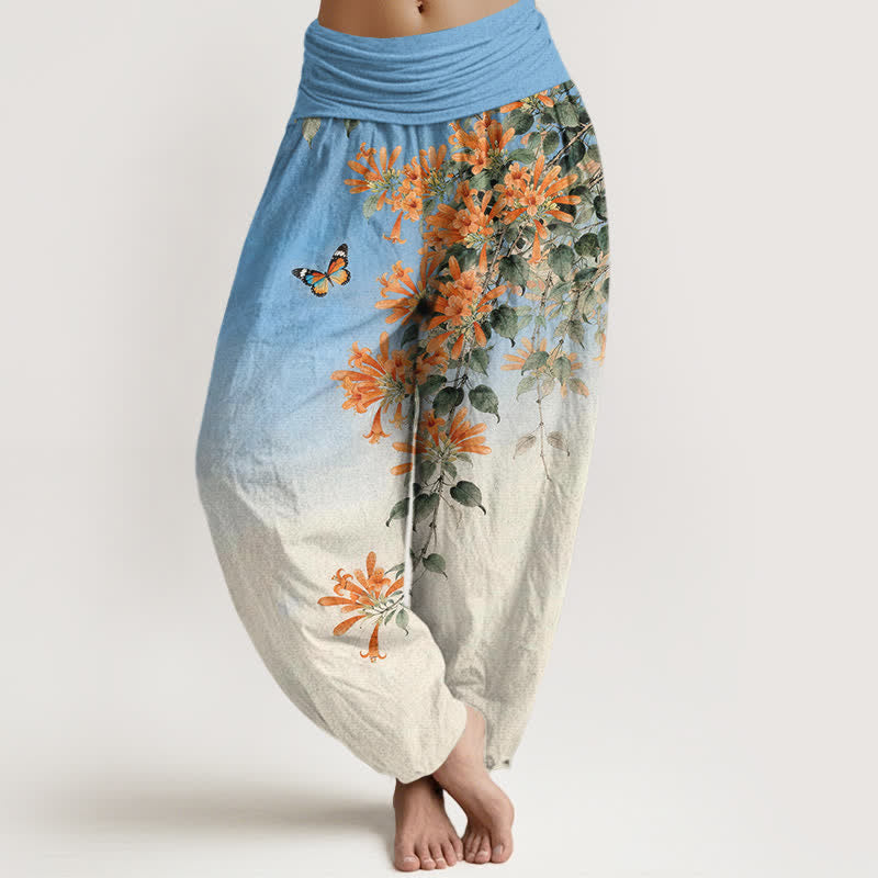Nimara Ritual Cotton Orange Floral Butterfly Pattern Women's Elastic Waist Harem Pants