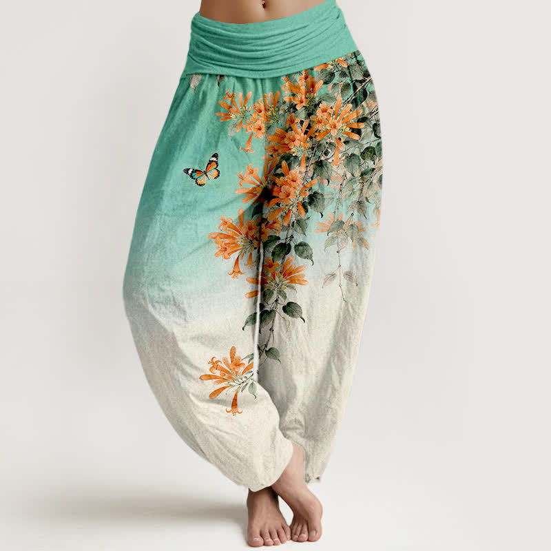 Nimara Ritual Cotton Orange Floral Butterfly Pattern Women's Elastic Waist Harem Pants